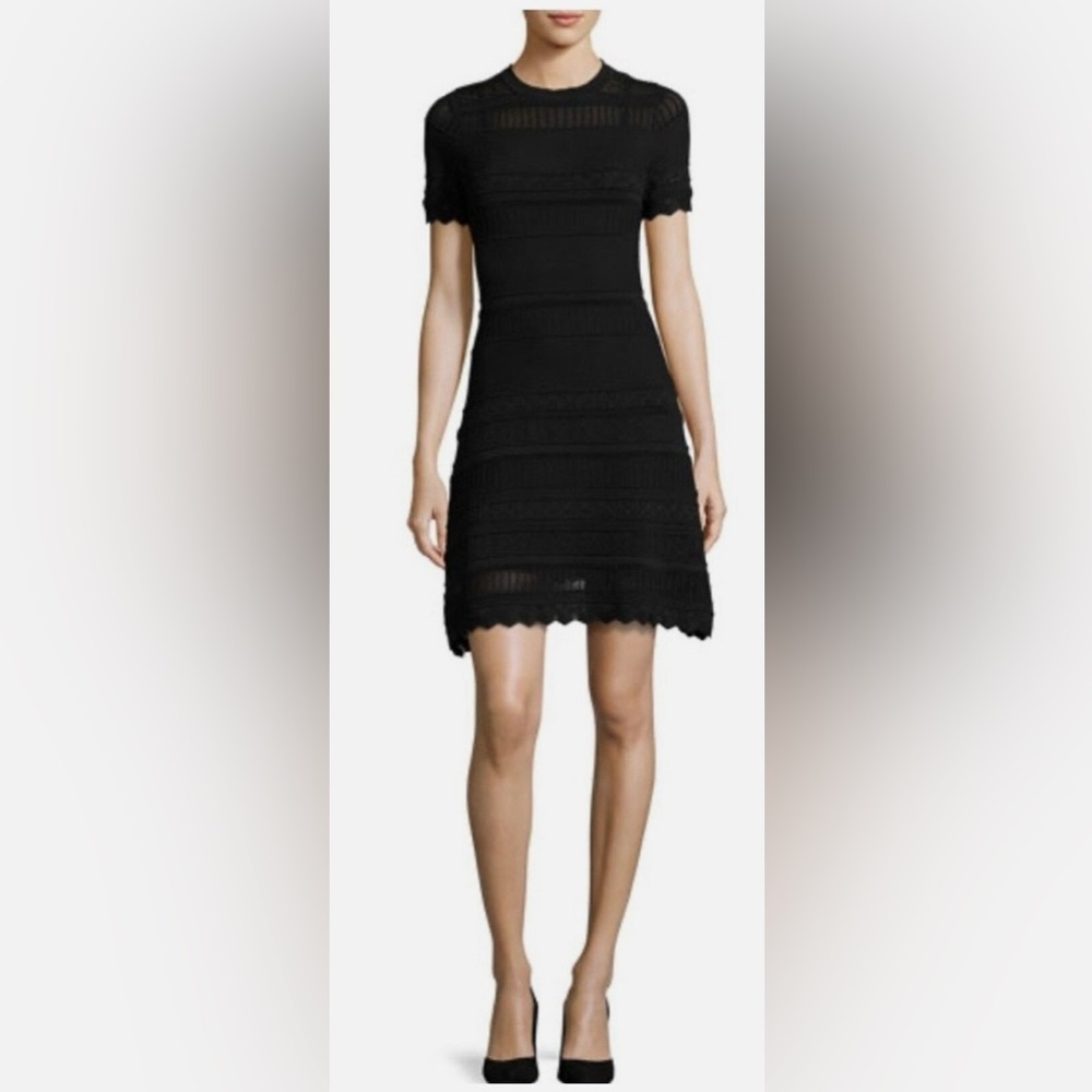 ALEXIS Black Knit Fit & Flare Chic/Classic Dress | Textured Lace Panel Mini | S